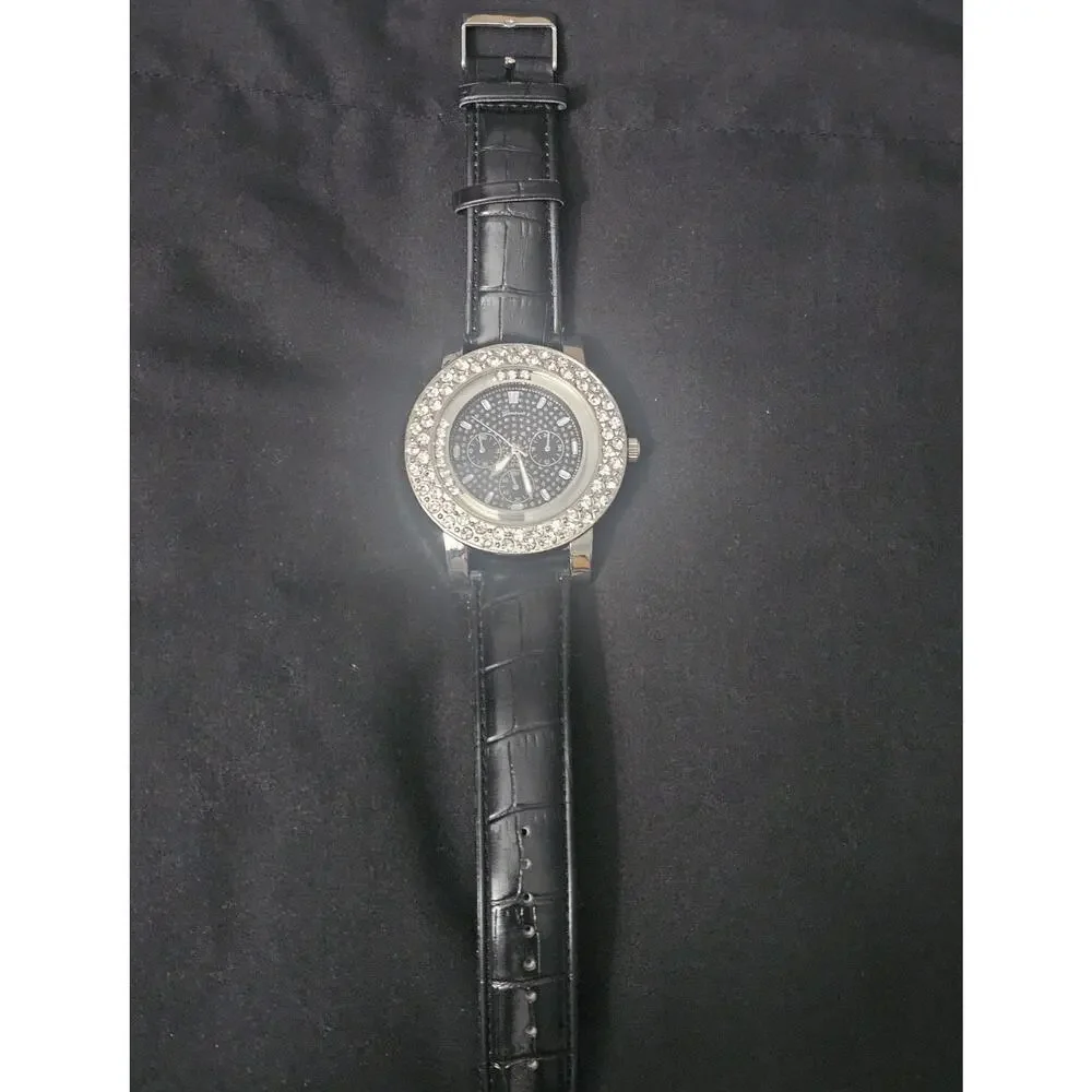 56.8mm silver crystal bezel Fashion Analog Quartz watch w/Genuine Leather Band